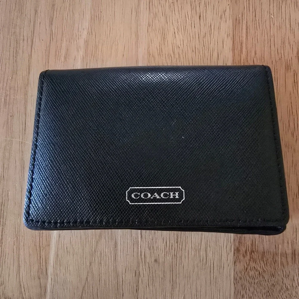 Coach Saffiano Leather Bifold Card Case Wallet  Black Classic Minimalist